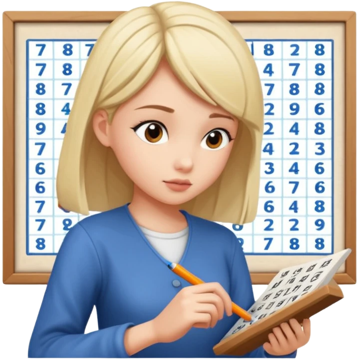 Girl Sudoku Problem-Solving on the new paper, side view. emoji