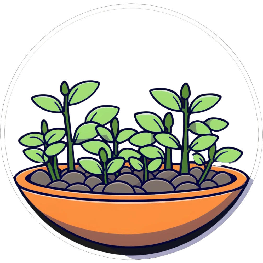 Shallow ceramic dish garden with Plectranthus Verticillatus sprouts featuring circular penny-shaped leaves arranged with decorative stones emoji