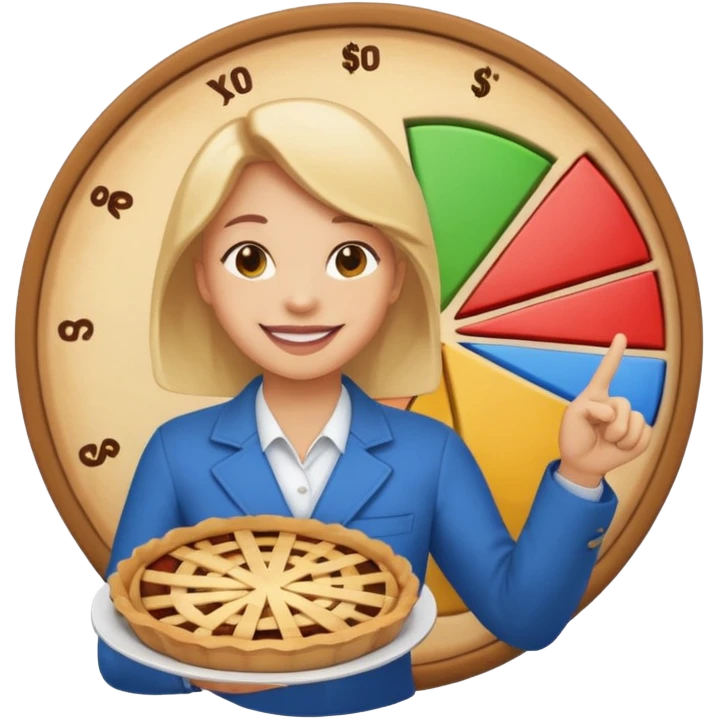 Pie chart in emoji-style showing Roth IRA $7K, Emergency fund $8K, Checking $2K, Investments $3K, person proudly pointing at chart with smile emoji