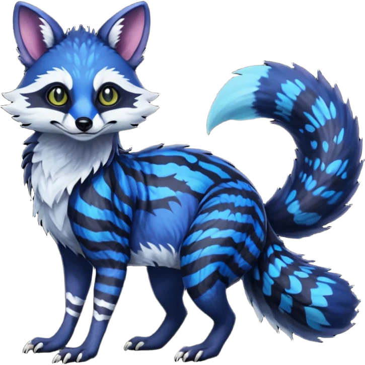 Feral Rare Fantasy scaly evil spooky vibrant dark shady shaded detailed deep-dark-cobalt-blue-gradients-colored colorful Vernid-Tanuki-Sergal-Genet-Trico-Fox-species by LiLaiRa, with dark-blackish points, white belly, random markings, tufted tail, tufted ears, full body emoji