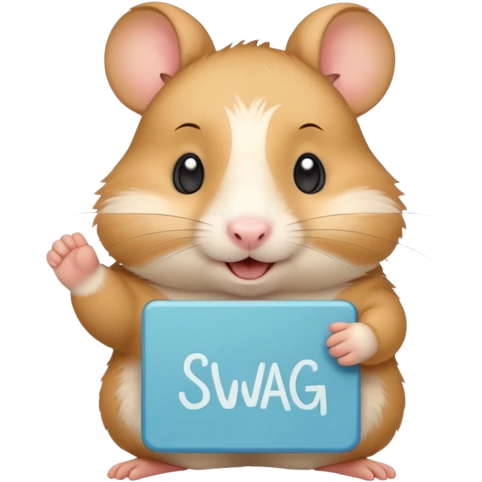 A happy hamster holding a sign with "SWAG" written on it, soft colors, friendly expression emoji