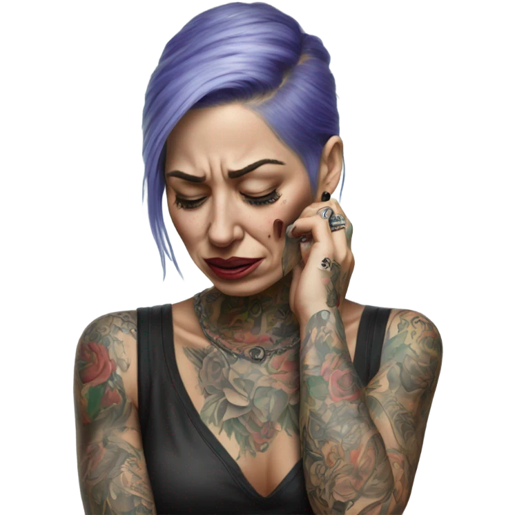 Hyper Realistic Beautiful tattooed woman crying holding a phone  emoji