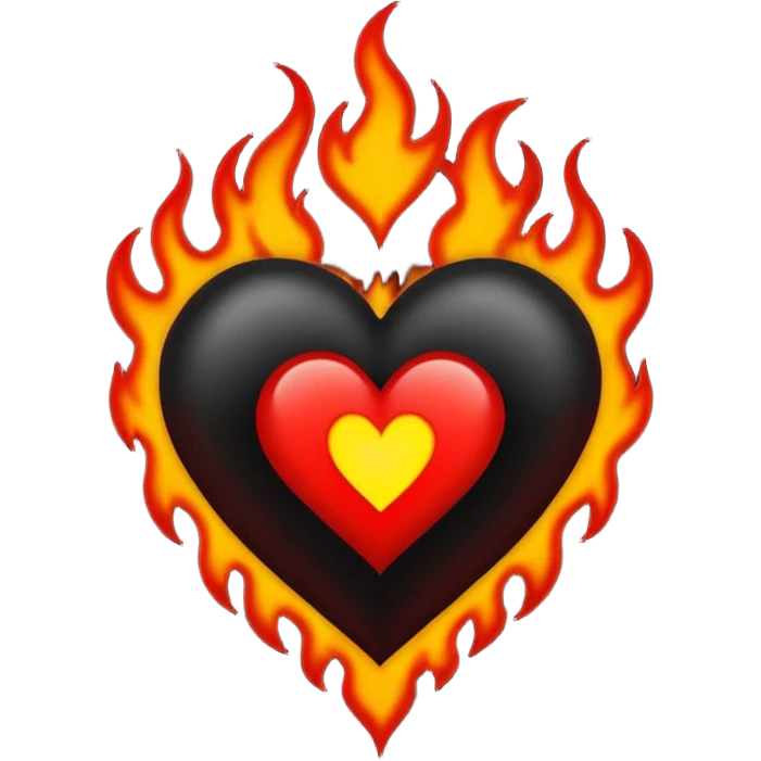 Black and red heart with small flames tattoo style emoji