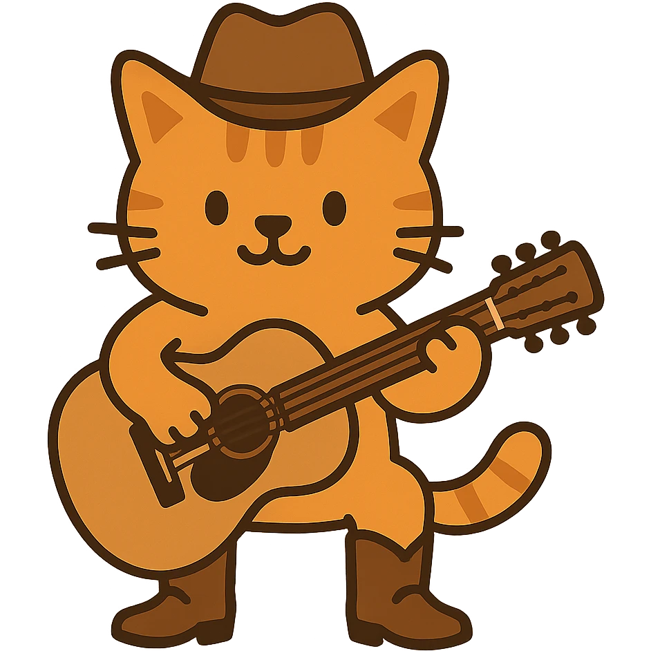 flat toon orange cowboy cat with cowboy boots strumming an acoustic guitar emoji