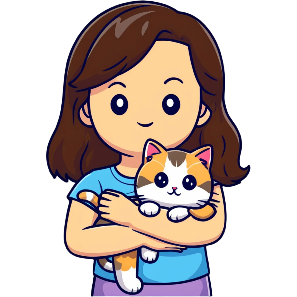 brown-haired girl holding a fluffy ragdoll cat emoji