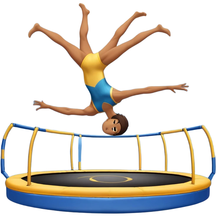An athletic person soaring high above a trampoline, executing an acrobatic flip with perfect form. The scene captures motion and energy, with a dynamic pose, stretched limbs, and a focused expression. The background suggests a professional trampoline arena with safety padding. emoji