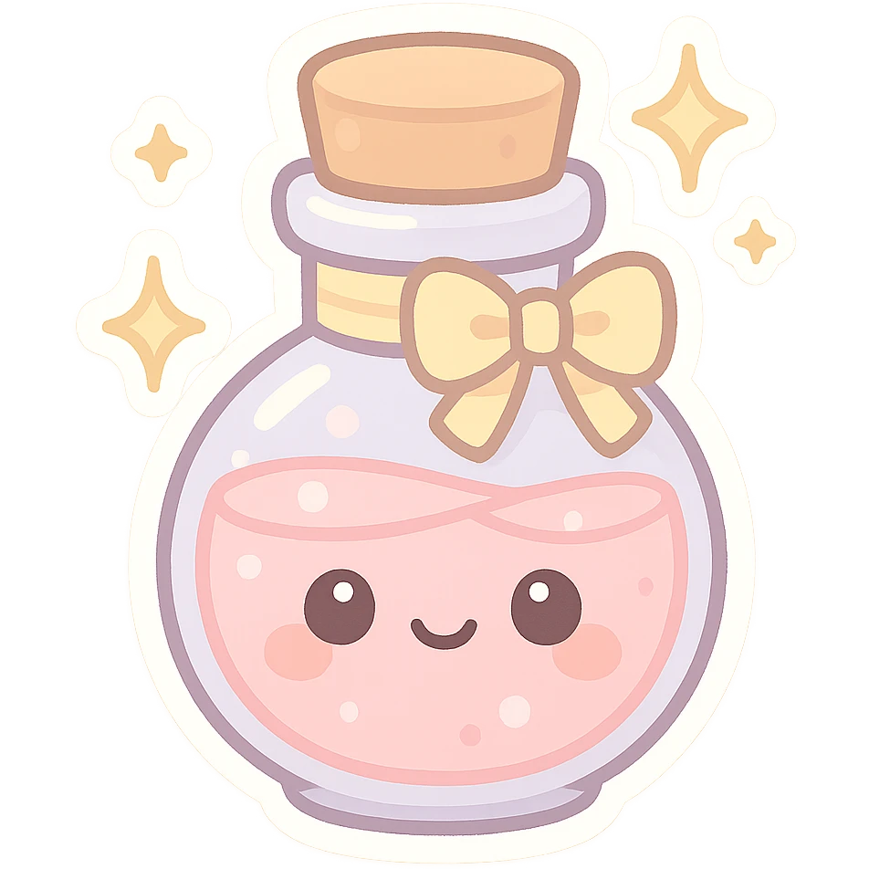 tiny potion bottle, pastel colors, sparkles, cute face, chibi style, with a tiny bow emoji
