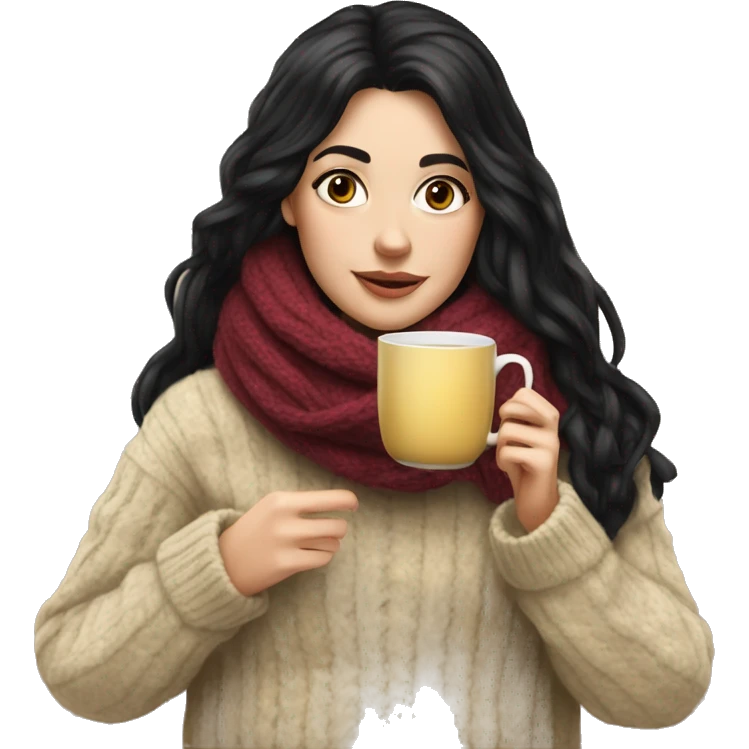 White girl black hair in a sweater and scarf sipping tea  emoji