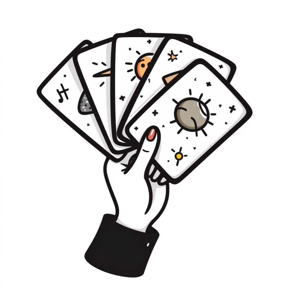 a hand holding a fan of mystical tarot cards with celestial symbols, pastel colors dd9fb0, ffc6d3, a3bfc9, c4bee2, f1b091, detailed hand-drawn doodle style emoji