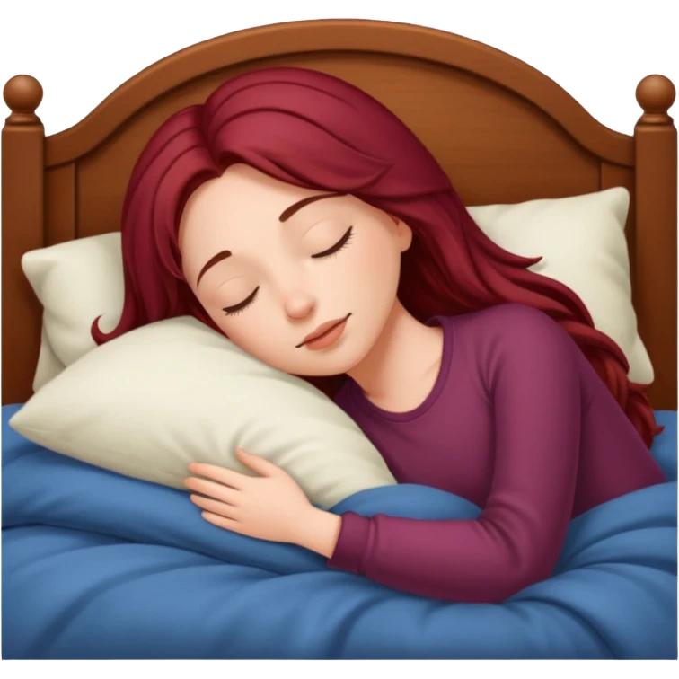 Beautiful long burgundy haired girl sleeping in big comfy bed emoji