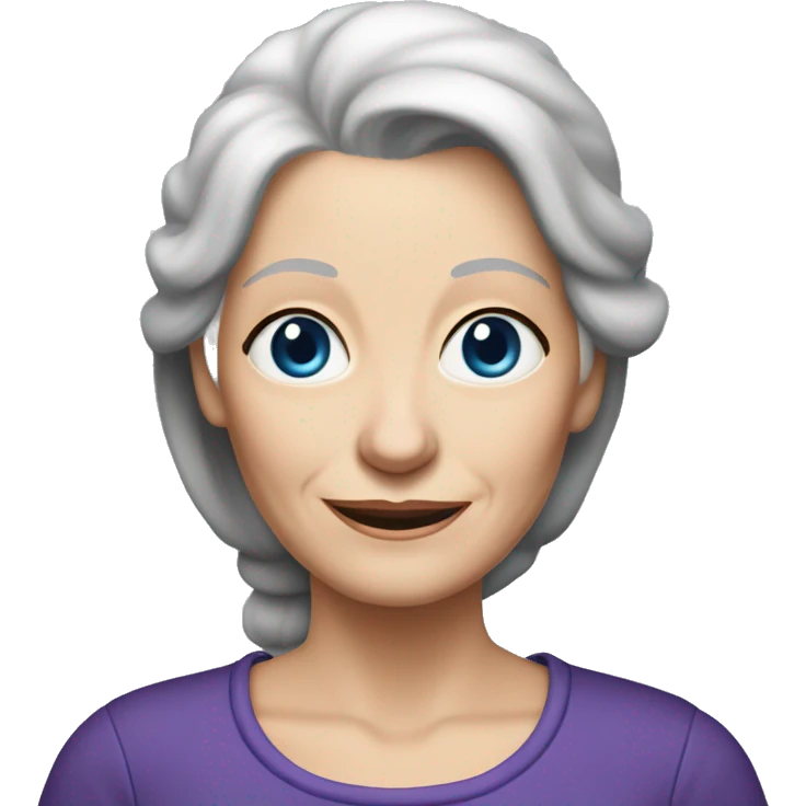 pretty older woman who is 75 years old with white skin, long grey and blonde hair in a ponytail, with dark blue eyes wearing purple top emoji