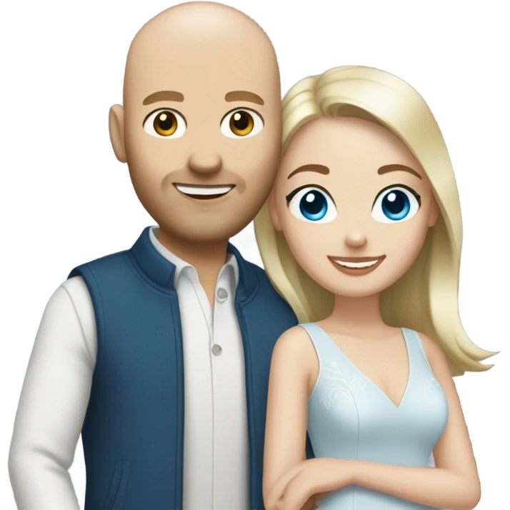 Newly engaged couple white bald man with blue eyes and white female with brunette hair and blue eyes emoji