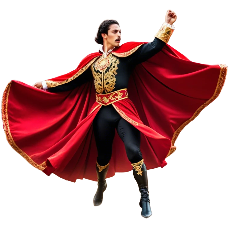 ​Cinematic Realistic Spanish Matador Holding a Red Cape, depicted in mid-action with a vibrant red cape flowing in the wind, dressed in an ornate traje de luces with shimmering details, confronting a charging bull in a dramatic arena, rendered with dynamic motion blur and vivid, high-contrast lighting, emoji