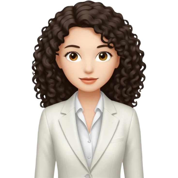 Chica joven con una sonrisa suave con cabello largo rizado y oscuro, piel clara, vestida con un traje blanco elegante y tacones bajos blancos emoji