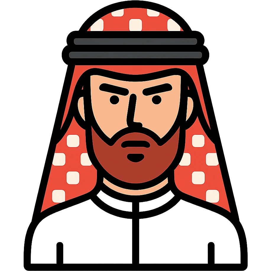 Saudi man with sharp features, wearing a white thobe and a red shemagh, wide beard emoji