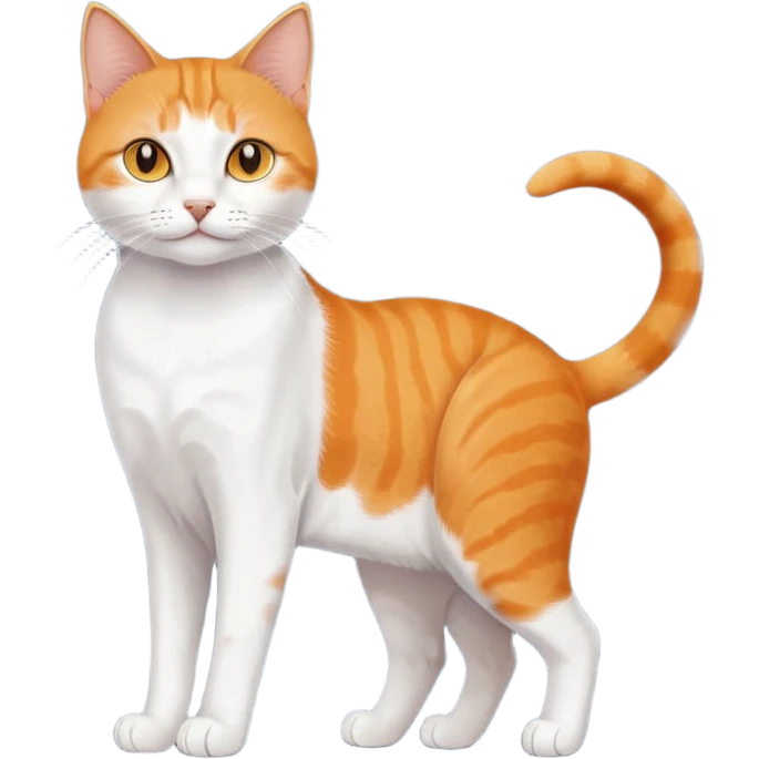full body orange domestic shorthair slim cat with yellow/orange eyes paw being white and the other being half emoji
