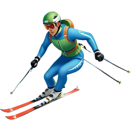 An icon featuring snowy peaks, pine trees, and a picturesque mountain landscape with a skier racing down a snow-covered slope. The sky is blue with soft clouds, capturing the thrill and beauty of alpine skiing. Transparent background highlights the excitement and serenity of winter sports. emoji