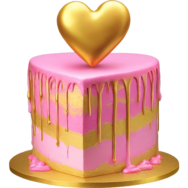 Realistic pink and yellow heart shaped layered cake with metallic gold icing dripping down the cake. emoji