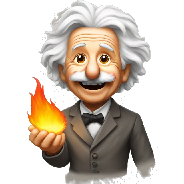 happy albert einstein holds flame emoji in his hand emoji