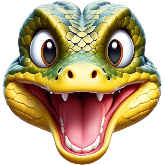 Cinematic Comical Python Portrait Emoji, Head tilted dramatically with an exaggeratedly shocked expression, featuring a robust, patterned body with wide, comically expressive eyes full of humorous disbelief, Simplified yet hilariously expressive features, highly detailed, glowing with a slightly sassy glow, high shine, dramatic yet playful, stylized with an air of quirky reptilian attitude, soft glowing outline, capturing the essence of a meme-worthy python that looks ready to side-eye its way into viral fame! emoji