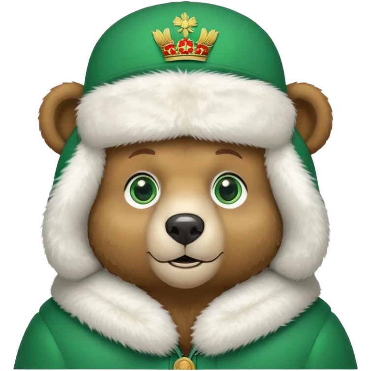 Sweet, cartoonish bear face with large green eyes, wearing white fur ushanka hat with accurate Russian Federation coat of arms centered, iOS emoji style emoji