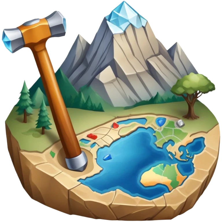 An icon featuring a rock hammer, a fossil, and a geological map, symbolizing geology. The design includes layers of the Earth, a crystal, and a mountain range, representing the study of Earth's structure, materials, and natural processes. Transparent background highlights geological research emoji
