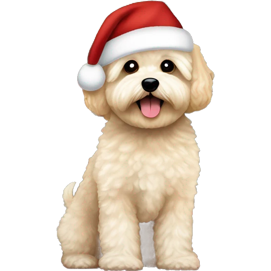 Ein Maltipoo mit Weihnachtsmütze im Vordergrund im Hintergrund stehen zwei Menschen, ein braun haarige Junge und ein blondes Mädchen in der Mitte ein Weihnachtsbaum emoji