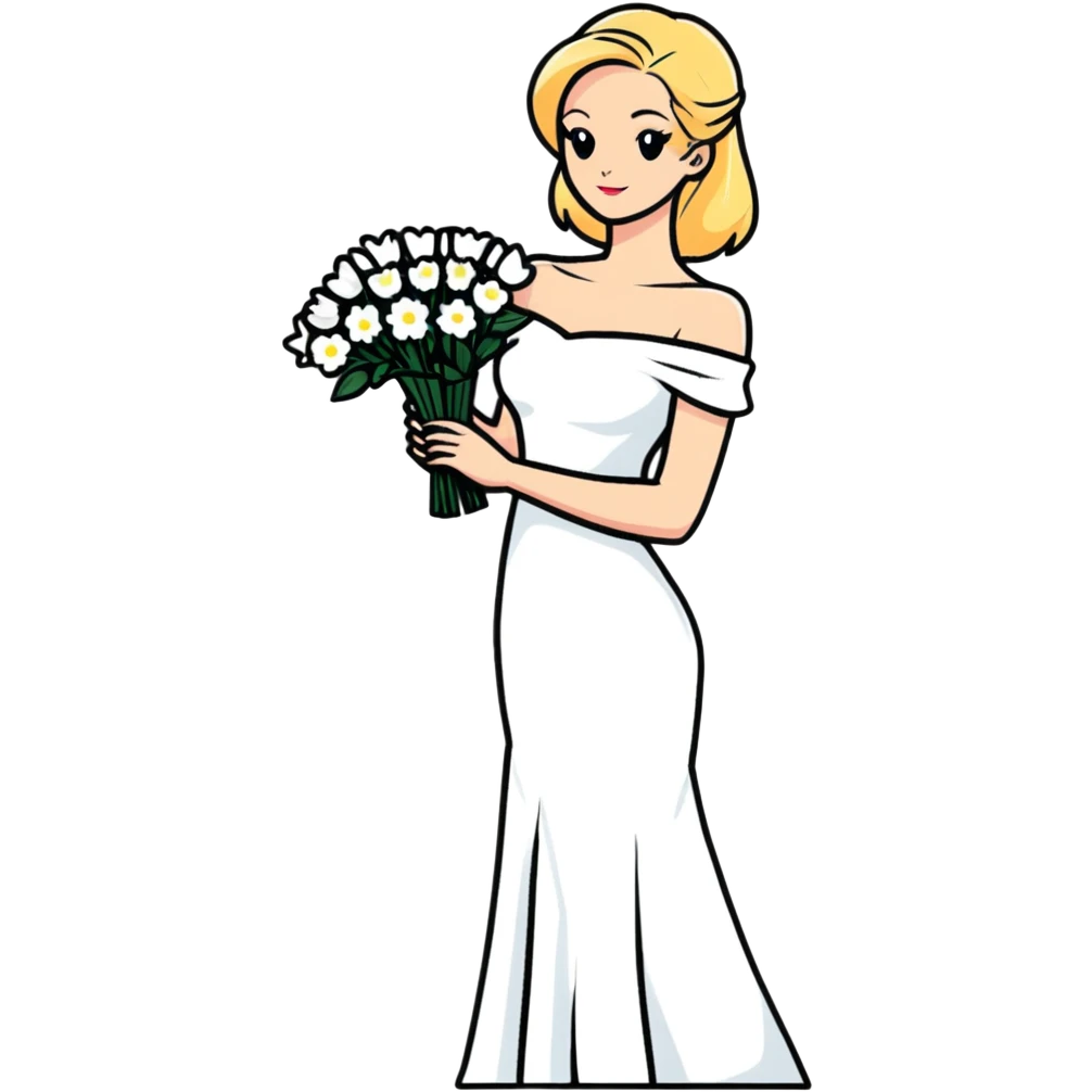 blonde woman in a white off-shoulder dress with a bouquet of white flowers emoji