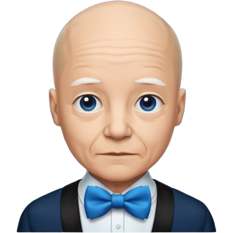 Bald with blue bow tie, midnight balck dress, age. emoji