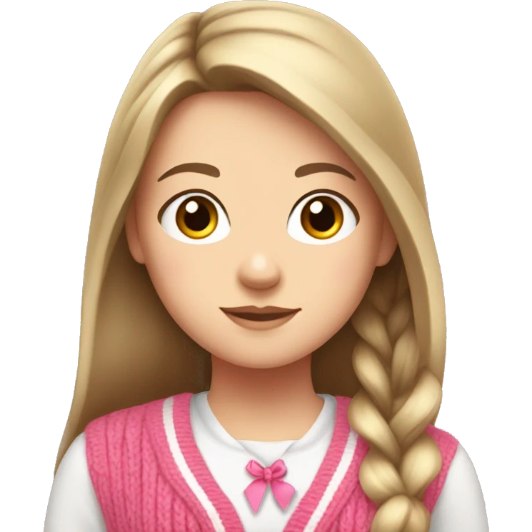white girl, cardigan white, long straight brown hair, pink ribbon in cardigan  emoji