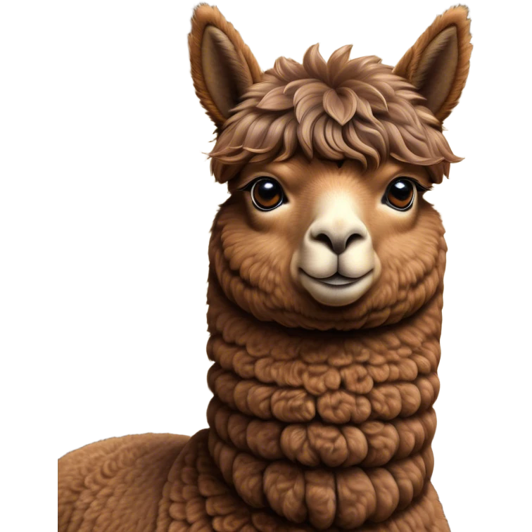 Cinematic Noble Brown Alpaca Portrait Emoji, Poised and regal, with a sturdy, graceful build and a rich, well-groomed brown fleece, deep-set soulful warm eyes, Simplified yet sharp and sophisticated features, highly detailed, glowing with a soft, dignified glow, high shine, intelligent and serene, stylized with an air of pastoral elegance, focused and attentive, soft glowing outline, capturing the essence of a watchful and confident companion, so majestic it feels as though it could stride out of the screen with effortless authority! emoji