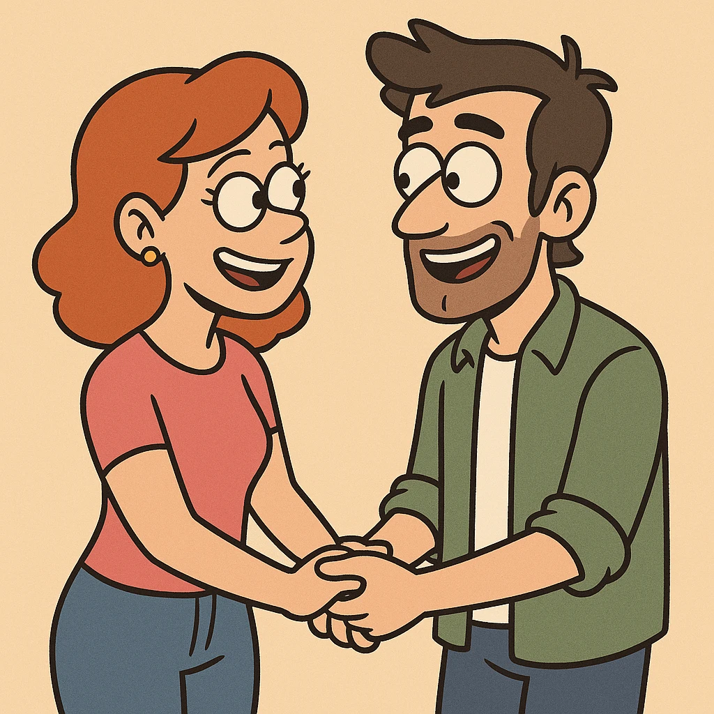 cartoon style illustration of a couple holding hands, smiling at each other, romantic and sweet emoji