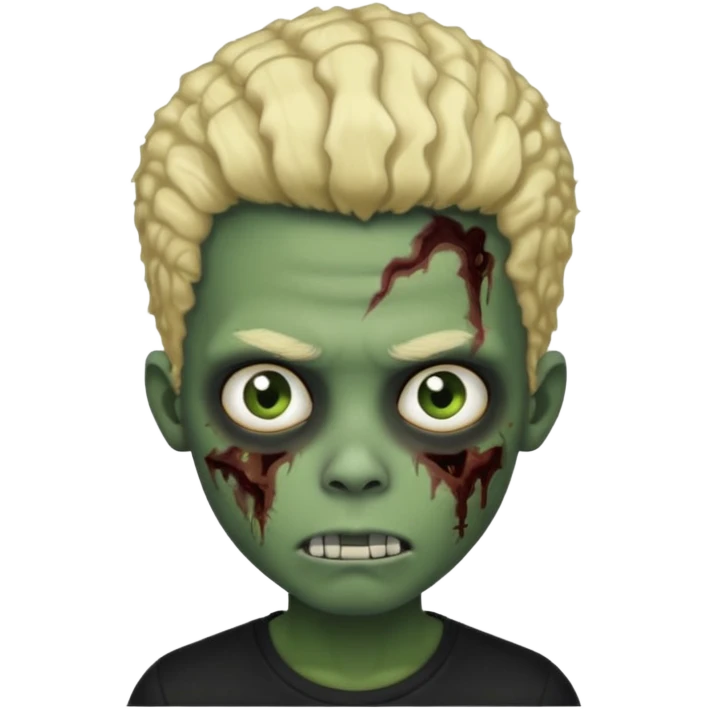 zombie boy, half-blonde half-black afro, black shirt, greenish skin emoji