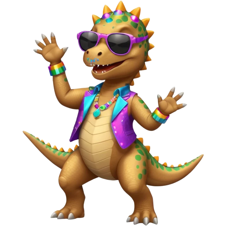 Un dinosaurio bailando con outfit disco y gafas oscurass. emoji