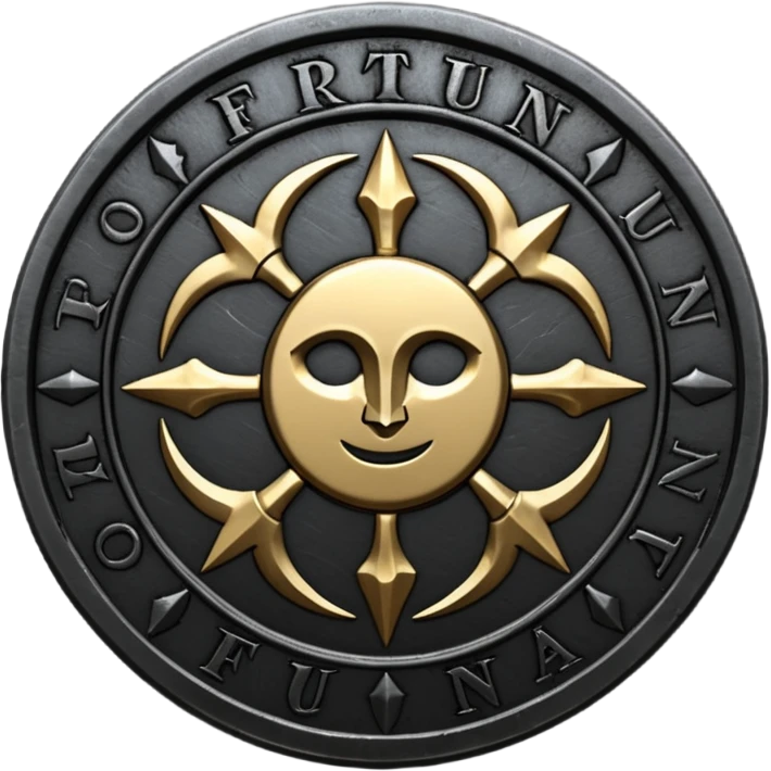 Minimal emoji, gothic metal coin made of black steel, engraved word FORTUNA at the center, ancient industrial aesthetic, worn metal texture, no glow, no neon, flat emoji design, centered, transparent background emoji
