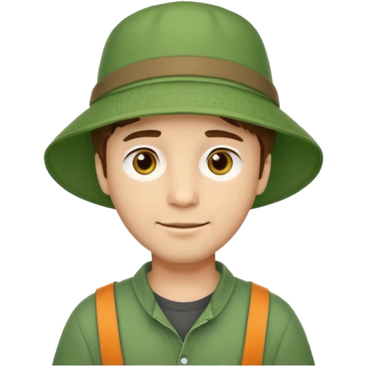 A light-skinned man with short brown hair, golden-brown eyes, and a soft smile, wearing a wide-brimmed green bucket hat. emoji