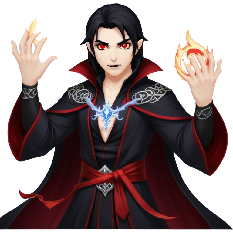 Cinematic Realistic WoW Vampire Mage Portrait, captured in a dynamic, battle-ready pose as he unleashes a torrent of arcane energy. His pallid skin and sleek dark hair contrast sharply with the flowing black robe adorned in silver filigree and glowing runes, while his crimson eyes radiate unyielding power. Rendered with intense, lifelike texture and dynamic, eerie lighting, high shine, embodying the fierce, relentless spirit of a dark sorcerer. emoji