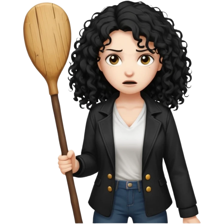 Hey, please generate me an emoji that depicts a woman white skin long black curly disheveled hair slightly thicker, she is wearing a white T-shirt and a black unbuttoned jacket she is furious she is holding a large wodden STICK  emoji