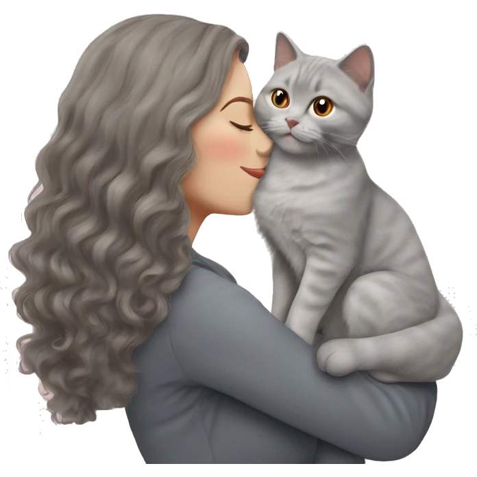 British shorthair grey cat kissing red wavy long hair white woman emoji