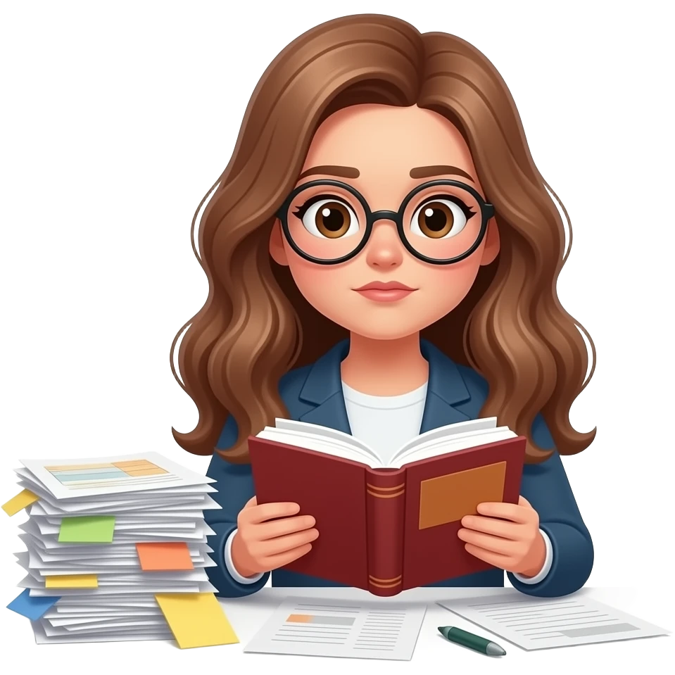 detailed emoji illustration of a curvy woman with long light brown wavy hair, light brown eyes and round glasses reading a book while ignoring a pile of tasks or papers beside her, procrastination reader mood, cute emoji style emoji