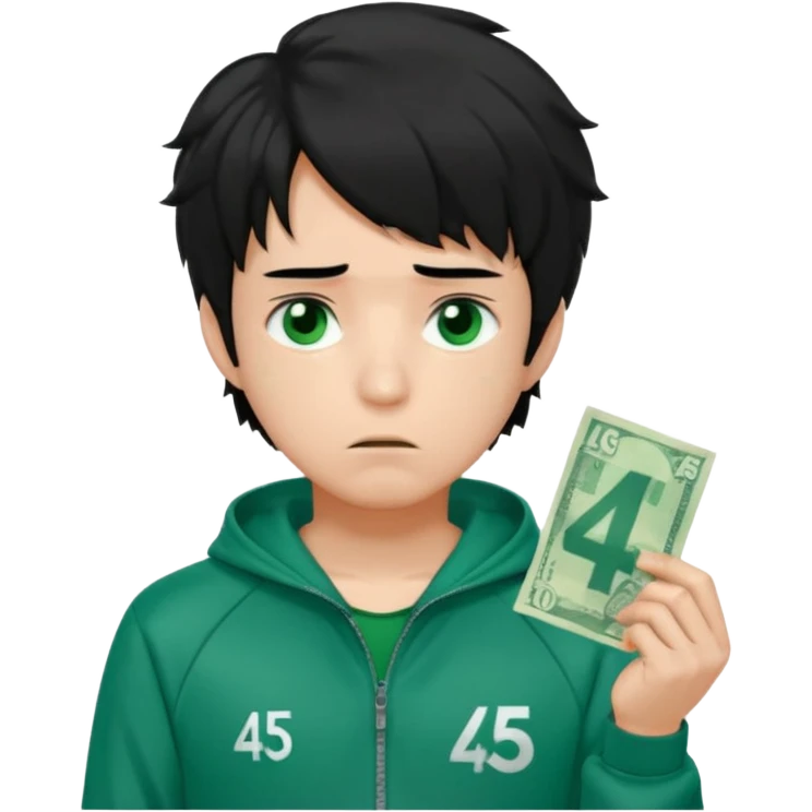 male character in a green Squid Game tracksuit with the number 456 on his chest, tired and emotional face, messy black hair, sad eyes, holding some cash or a banknote, subtle heartbroken expression, cartoon emoji style emoji