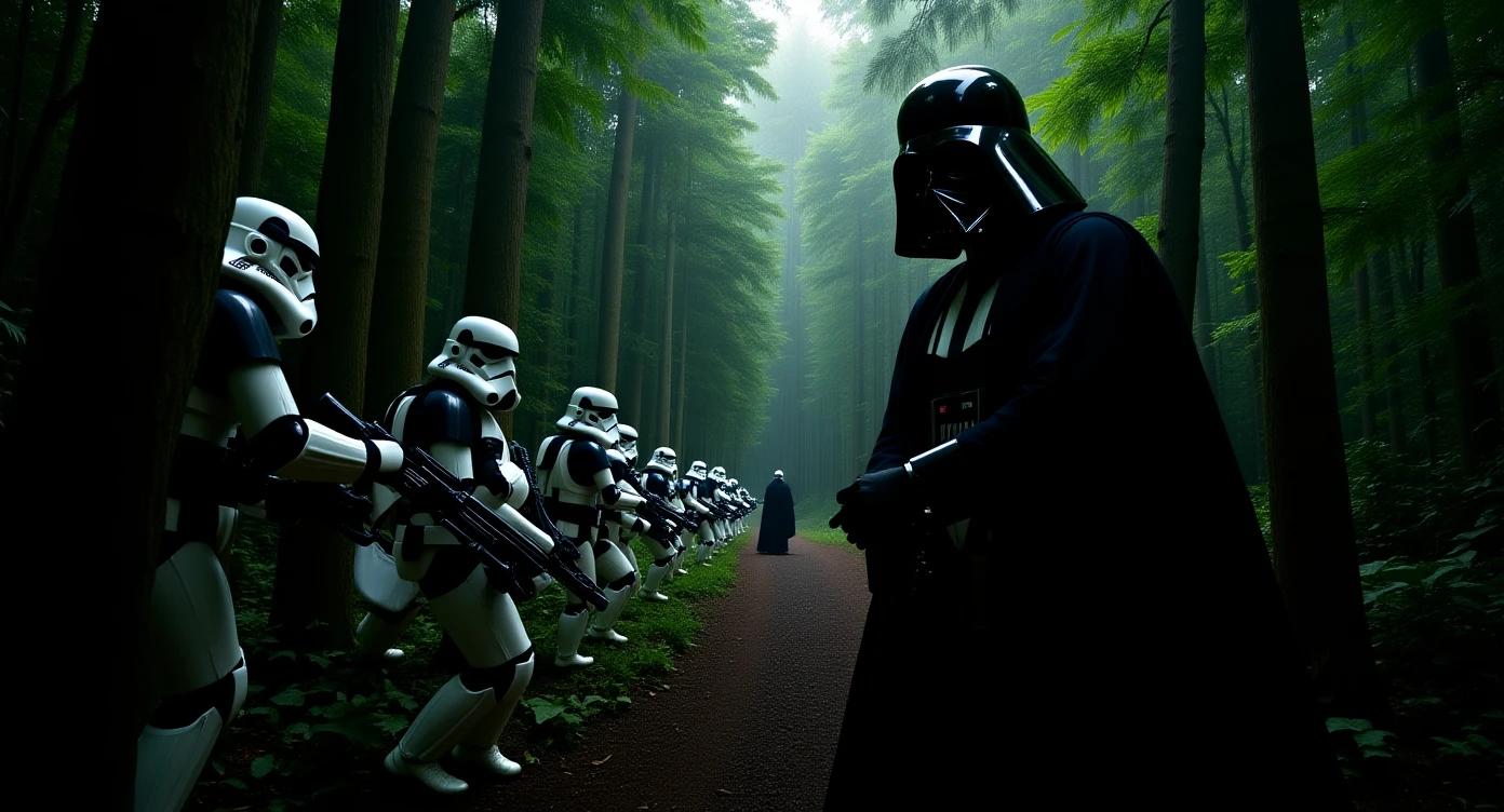 cinematic still, Medium shot, amazon jungle, Darth Vader around stormtroopers coming out from starship on ground, they are exploring the jungle, inspired by StarWars movie, captured by arri alexa emoji