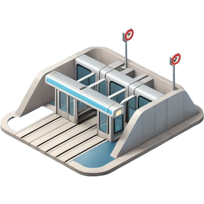 Isometric underground metro station, Apple-style minimalist 3D illustration, smooth surfaces, soft lighting, pastel blue and gray palette, clean geometry, cutaway underground view, no people, no labels, modern UI illustration. emoji