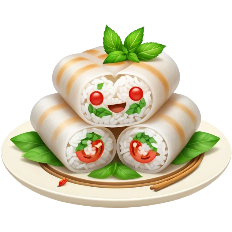 Bánh Cuốn Cinematic Realistic Bánh Cuốn Dish Emoji, depicted as delicate steamed rice rolls garnished with chopped mint on top, rendered with lifelike textures and fresh, vibrant lighting. emoji