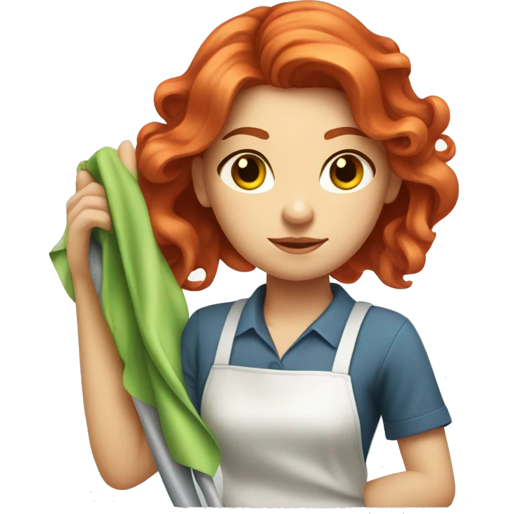 "A beautiful girl with red hair and fair skin, cleaning a dress with a cloth. She is focused on the task and looks determined." emoji