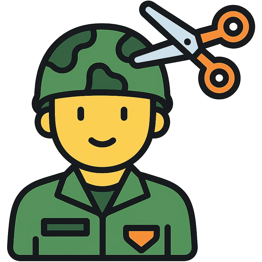 a soldier man getting a haircut, color outline icon style emoji