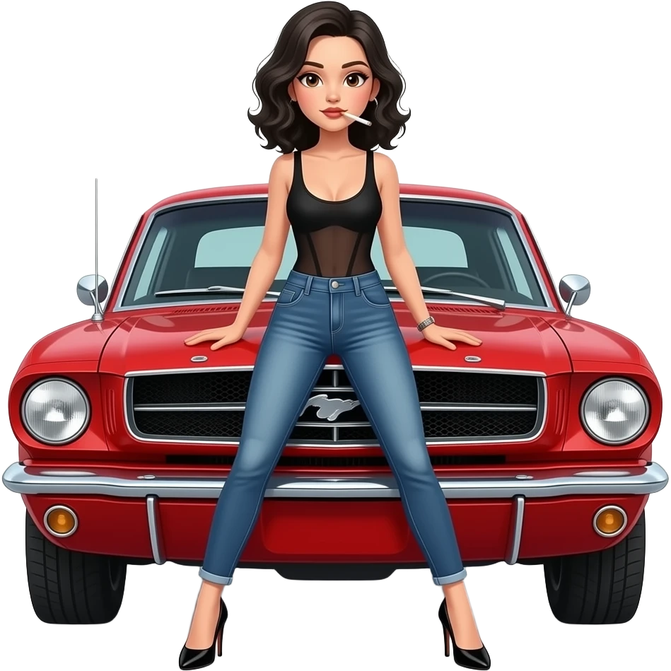 Pale girl with black wavy hair and brown eyes backed against the door of a red ford mustang 1968 coupe. Girl wearing a sheer black sleeveless top, low rounded neckline, jeans and heels with visible toes. smoking cigarette. Legs spread and hands resting on the hood. emoji