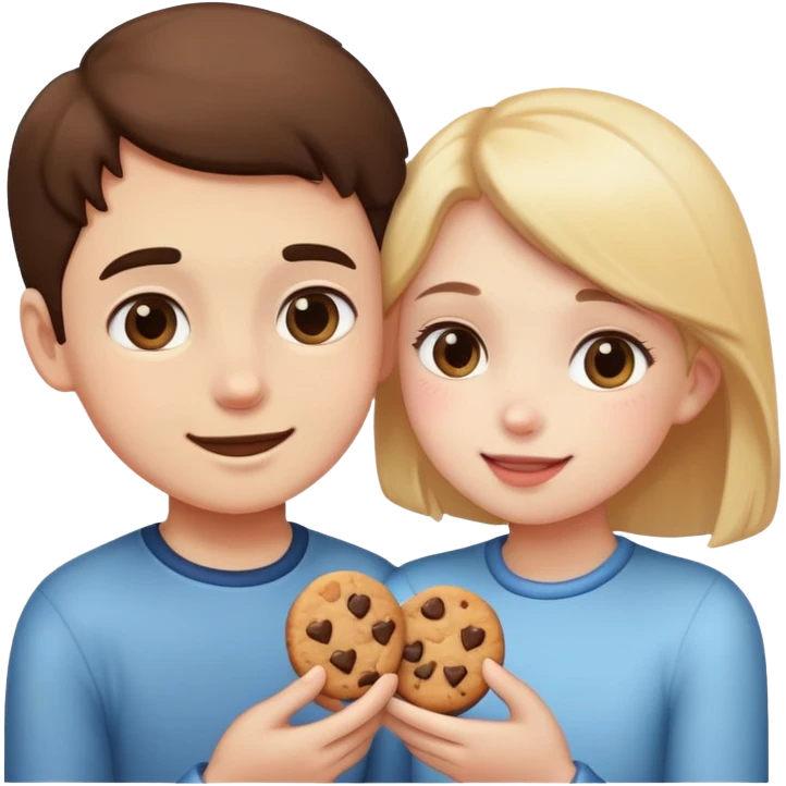 Girl giving boy cookies, both blushing, soft emoji vibe emoji
