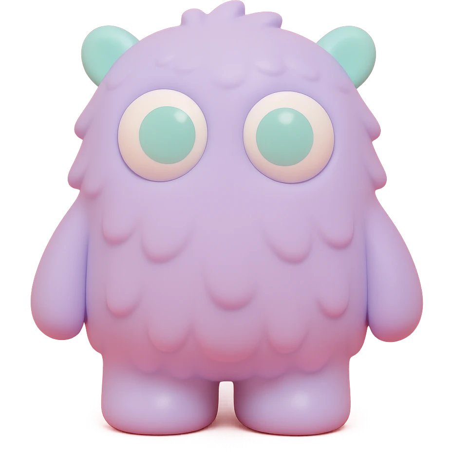 fluffy monster with soft fur texture, big round eyes, small ears, pastel color palette, toy-like emoji