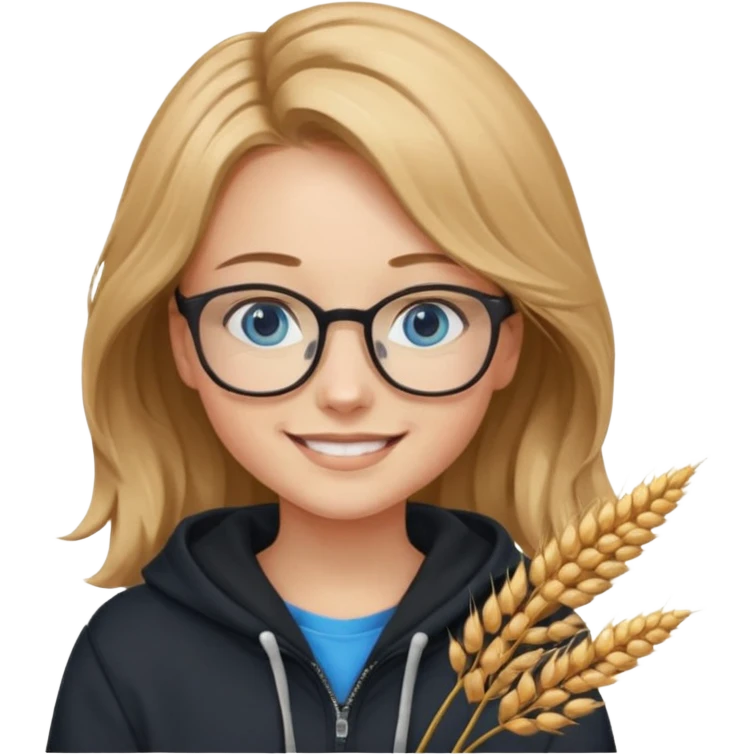 мила дівчинка з пшеничним та трохи хвилястим волоссям до грудей з голубими очами та в окулярах в чорному худі посміхається emoji